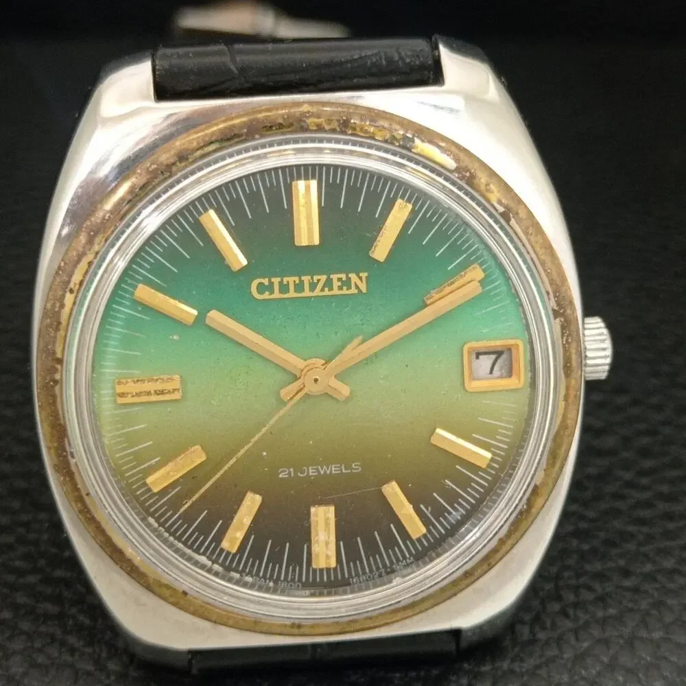 Vintage 1981 Citizen Manual Mens Silver Watch W/daydate & Green accents